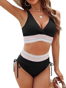 High waist two piece bikini set with deep V neck, wave pattern webbing and side drawstring