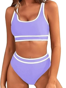 Set bikini sportivo lilla due pezzi con strisce bianche e vita alta per donna