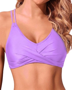 Detail of lavender purple bikini top with shimmering satin fabric and twist front design