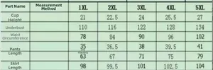 Tableau des tailles détaillé pour bikini grande taille et jupe allant du 1XL au 5XL