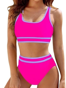 Bikini sportivo a due pezzi rosa neon a vita alta con bordi in contrasto azzurro