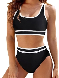 Bikini sportivo a due pezzi con slip a vita alta e bordi a contrasto su fondo nero