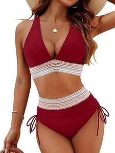 Deep red two-piece bikini featuring a halter V-neck top and high-waisted drawstring bottoms