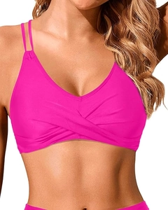 Detail of rose pink bikini top with double shoulder straps and cross knot design