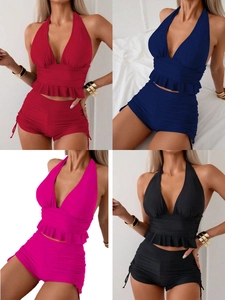 Ensemble Bikini Couleur Unie Volant Col en V Halter Top And Bottom Femme Sexy Taille Haute Short Froncé Maillot de Bain Nylon