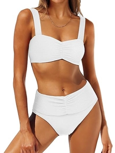 Two-piece white ribbed bikini with high-waist V-cut bottoms and ruched bandeau top