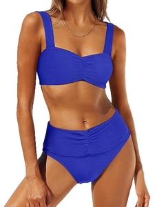 Two-piece royal blue high waisted bikini set with textured pleated fabric for women