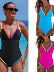 Maillot de Bain Une Pièce Femme Col en V Profond Bretelles Contrastées Froncé Amincissant Mode de Plage