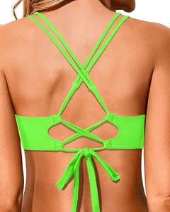 Detail of neon green bikini top featuring intricate criss-cross back straps and tie closure