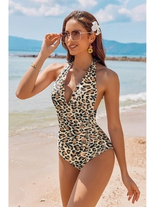 Sexy deep V neck leopard print one piece swimsuit for women beach vacation wear