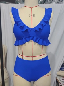 Königsblauer zweiteiliger Rüschen-Bikini mit V-Ausschnitt und High-Waist-Hose