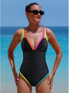 Maillot de bain une pièce sexy à col en V profond avec bordures contrastées et effet ventre plat
