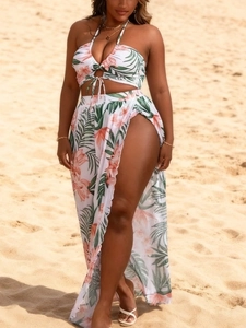 Maillot de Bain Grande Taille Femme Bikini Dos Nu Imprimé Tropical Bas Taille Haute Et Cache-Maillot Jupe Fendue