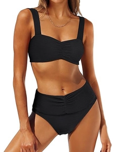 Chic black two-piece high-waisted bikini with ribbed texture and shirred details