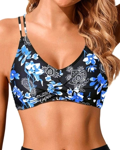 Detail of V-neck bikini top with blue floral print and twist front knot design