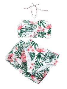 Maillot de bain trois pièces grande taille à imprimé floral tropical avec paréo assorti