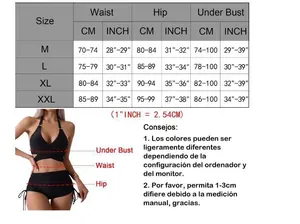 Detailed size chart for women's two-piece swimsuit including waist and hip measurements