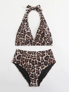 Flat lay detail of leopard print high waist bikini set with halter neck tie design