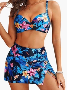 Ensemble bikini 3 pièces à imprimé floral tropical bleu marine avec jupe taille haute