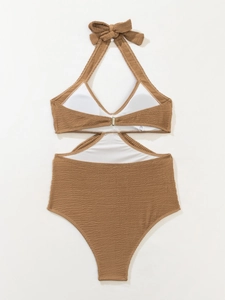 Brown crinkle monokini with halter neck and waist cutout details on white background