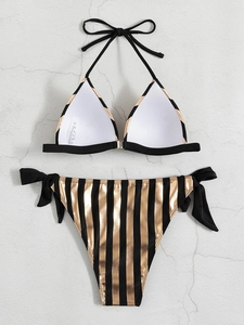 Sexy Damen Bikini-Set mit gold-schwarzen Längsstreifen und Nackenträger-Oberteil