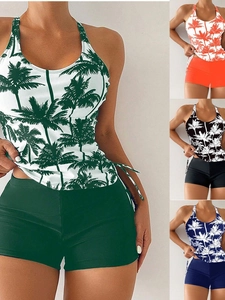 Women Top And Bottom Tankini Tropical Palm Tree Print Racerback Swimsuit With Side Drawstring Polyester Athletic Beach Swimwear