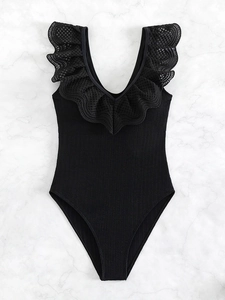Maillot de bain une pièce noir élégant avec col en V profond, dentelle et maille côtelée