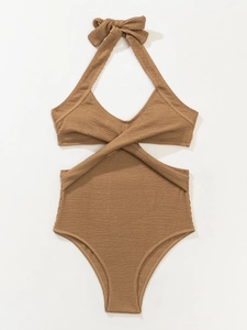 Brown halter one-piece swimsuit with waffle texture and waist cutout details