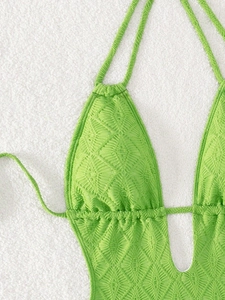Grüner Jacquard-Badeanzug mit Neckholder, geometrischer Textur und tiefem V-Ausschnitt Design