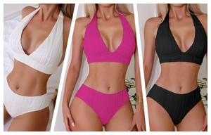 Detailed view of ribbed texture on halter neck bikinis in white, rose, and black
