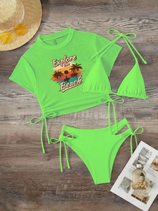 Ensemble bikini 3 pièces vert fluo avec haut court à manches courtes et imprimé lettres