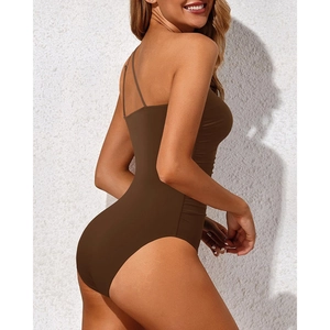 Brown one-shoulder monokini with ruched side details and slimming fit for women