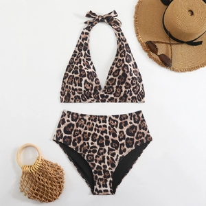 Women Sexy Leopard Print Halter Bikini Top And Bottom High Waist Swimsuit Backless Beachwear Two-Piece Swimwear With Bow