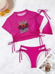 Ensemble bikini 3 pièces rose fuchsia avec crop top et imprimé graphique de plage