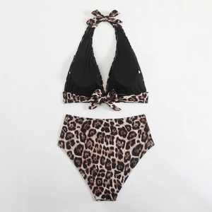 Leopard print high waisted bikini set featuring a halter neck top and cutout detailing