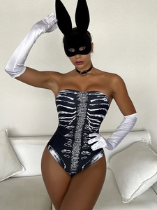 Sexy black tube top bodysuit with bone print, bunny mask and satin gloves costume