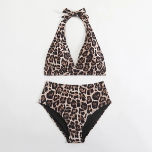 Leopard print halter bikini set with high waisted bottoms and neck tie closure