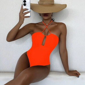 Sexy neon orange one-piece swimsuit with halter cutout design and high-cut leg opening