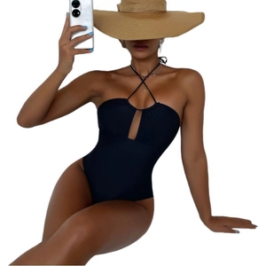 Sexy black halter one-piece swimsuit with keyhole cut-outs and high-cut leg design