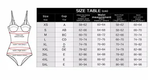 Detailed size chart for sequin bikini set from XS to 5XL with measurement guide diagram