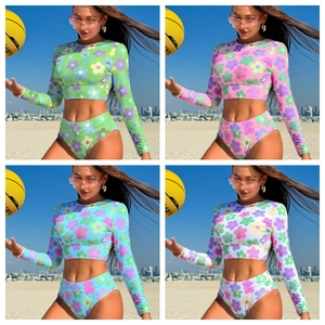 Women's Floral Print Long Sleeve Rash Guard Swimsuit Two Piece Set High Waist Surfing Suit Bathing Suit Beachwear Top And Bottom