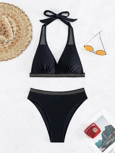 Sexy black high waisted halter bikini set with sparkling rhinestones and mesh detailing