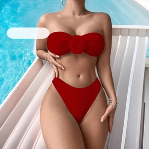 Bikini Bandeau à Fleur 3D pour Femmes Haut Et Bas Nervurés Maillot de Bain Échancré Sexy Beachwear Couleur Unie
