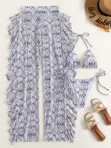 Dreiteiliges Schlangenmuster-Bikini-Set mit Triangel-Top und transparenter Strandhose