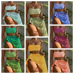 Three-piece zebra print bikini set with mesh cover-up skirt in eight vibrant summer colors