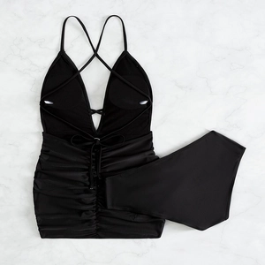Classic black two-piece swimsuit with ruched deep V-neck top and high waisted bottoms