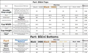 Guida alle taglie per bikini nero a balze con misure dettagliate dalla 34DD alla 40DD