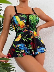 Détails de l'imprimé perroquet tropical sur maillot de bain noir avec découpes
