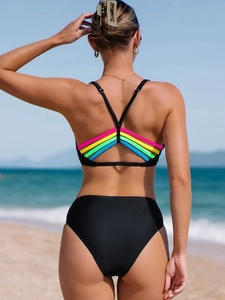Detailed back view of a black high-waisted bikini set with colorful rainbow shoulder straps
