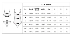 Detailed size chart for women's swimwear including bust, waist, and hip measurements